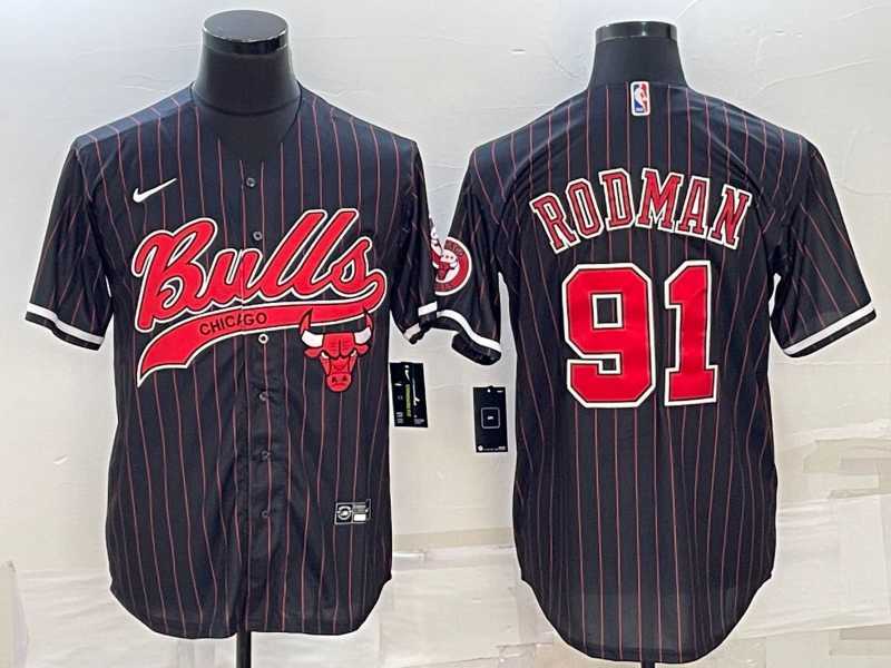 Mens Chicago Bulls #91 Dennis Rodman Black Pinstripe With Patch Cool Base Stitched Baseball Jersey->chicago bulls->NBA Jersey